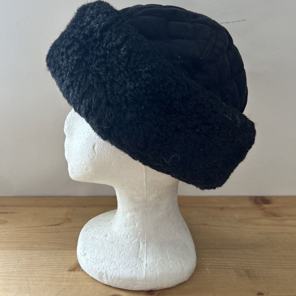 Vintage Betmar New York Cossack Hat Black Quilted w Faux Sheepskin Cap OS